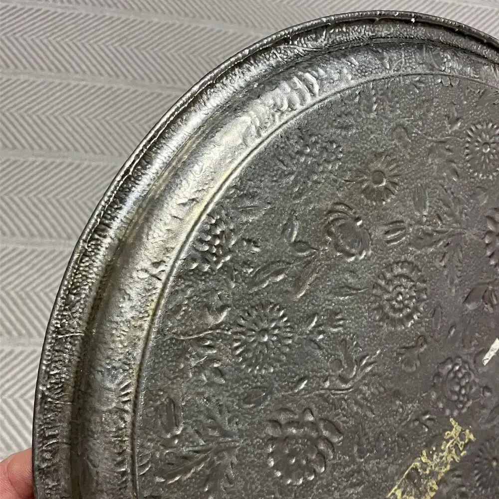 Textured Tea Tin Round Platter Tray Silver Tone 13in Vintage Floral Relief
